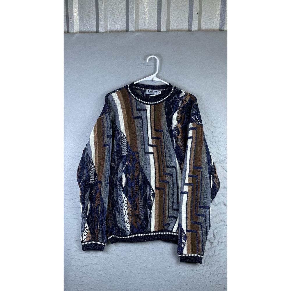 Lavane Sweater Mens LG Blue Brown Excellent Vintage 3D Knit Geometric Abstract